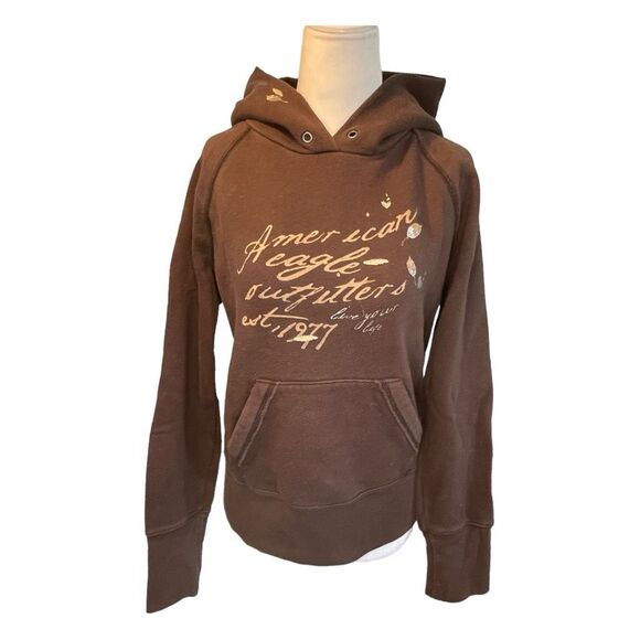 American Eagle Graphic Hoodie Sweatshirt Brown Fleece Long Sleeve Pull-Over M - Picture 1 of 10